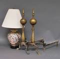 Chinoiseriedecorated Porcelain Ginger Jar Table Lamp and a Pair of Brass Andirons