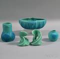 Three Pieces of Turquoise Van Briggle Pottery and a Pair of Candleholders