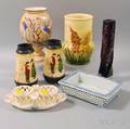 Six Decorated Ceramic Items and an Amethyst Art Glass Vase