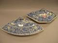 Pair of W R Midwinter Blue and White Landscape Pattern Transfer Decorated Staffordshire Covered Serving Dishes