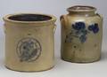 E T Wright  Son Cobalt Tiger Decorated Stoneware TwoGallon Crock and a Cobalt Floral Decorated TwoGallon Crock