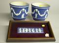 Wedgwood Dark Blue Jasper Dancing Hours Plaque and a Pair of Jardinieres