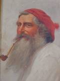 Framed Oil Portrait of a Peasant Man with a Pipe