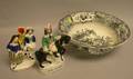 Two Staffordshire Figures and a T Mayer Black and White Olympic Games Spanish Bullfight Transfer Decorated Staffordshire Bowl