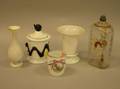 Paint Decorated Blown Colorless Glass Flask and Four Assorted European Glass Table Items