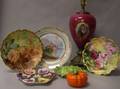 Two Limoges Handpainted Rose Decorated Porcelain Plates a Victoria Handpainted Pansy Decorated Porcelain Oyster Plate a Victoria Toma