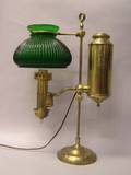 German Student Lamp Co Brass Lamp and a Green Cased White Glass Shade