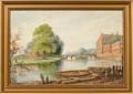 British School 19th20th Century River Scene with Mills and Bridge