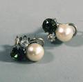 Pair of 14kt White Gold Cultured Pearl Peridot and Diamond Earrings