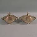 Pair of Silverplated Covered Bowls with Cast Foliate Handles and Floral Finials