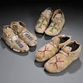 Three Pairs of Plains Partially Beaded Hide Moccasins