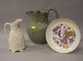 English Pewter Mounted Salt Glazed Molded Cattail Pitcher a Salt Glazed Jug and a New Hall Porcelain Dish