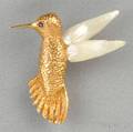 14kt Gold Freshwater Pearl and Sapphire Hummingbird Brooch Ruser