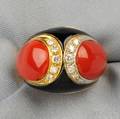 18kt Bicolor Gold Coral and Black Enamel Dome Ring