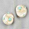 18kt Gold Shell Turquoise and Pearl Earclips Trianon