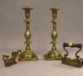 Pair of Brass Candlesticks a Small Cast Brass Foot Figural Chamberstick and Brass Iron