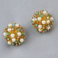 18kt Gold Cultured Pearl Turquoise and Diamond Earclips