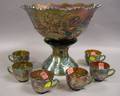 Carnival Glass Grapevine Pattern Punch Bowl on Pedestal and a Set of Six Cups