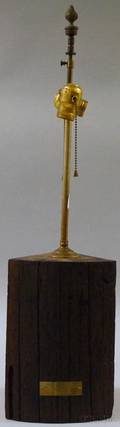 Wood Quartersection FragmentTable Lamp Labeled Main Mast of the Schooner Yacht 1851