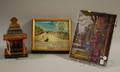 Framed Mexican Painting on Tin and Folk Art Figural Group and a Stained Glass Panel Apoteeker