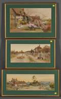 Lot of Three British Watercolor Country Scenes Thomas James Lloyd British 1849  1910 Country Lane with Flock Children and a Ca