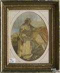 Oval silk on silk needlework picture of a classical maiden