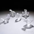 Five Lalique Frosted Colorless Molded Art Glass Sparrow Figures
