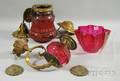 Two Late Victorian Cranberry Art Glass and Brass Light Fixtures