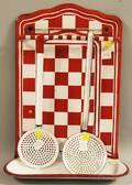 Early 20th Century Red and White Enamelware Kitchen Wall Rack with Two Skimmers