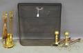 Wire Fireplace Screen a Brass Fireplace Stand with Three Tools and a Pair of Belted Balltop and Ropeturned Andirons
