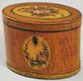 British Oval Handpainted Floraldecorated Inlaid Satinwood Veneer Tea Caddy
