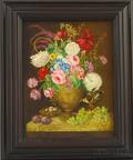 Attributed to BR Bibo American 20th21st Century Floral Still Life with Ceramic Urn Butterflies and Tanager