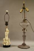 Baccarattype Colorless Molded Glass Banquet Kerosene Table Lamp and a Blancdechinetype Figural Table Lamp