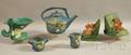 Roseville Pottery Snowberry Teapot Creamer and Sugar a Pair of Clematis Bookends and a Cornucopiaform Peony Vase