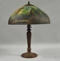 Handel Reversepainted Landscapedecorated Art Glass and Patinated Cast Metal Table Lamp