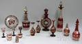 Fifteen Bohemian Etched Ruby Flash Art Glass Table Items