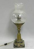 Brass Astral Lamp with Marble Base and Etched Frosted Colorless Glass Shade