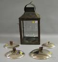 Tin and Glass Barn Lantern and Four Mercury Glass Reflectors