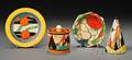 Three Clarice Cliff Bizarre and Fantasque Ware Items and a Lorna Bailey Sugar Shaker