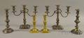 Three Pairs of Silverplated and Brass Candleholders