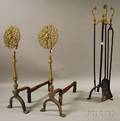 Pair of Queen Annestyle Reticulated Cast Brass Andirons with a Set of Three Matching Tools and Stand