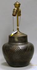 Hampshire Pottery White Spattered Black Glazed Native American Pattern Table Lamp