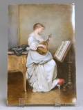 Handpainted European Interior Scene on Porcelain Depicting a Woman Playing a Lute