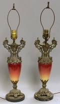 Pair of Late Victorian Rococostyle Metalmounted Glazed Ceramic Mantel GarnitureTable Lamps