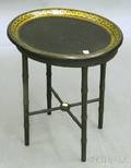 Small Victorian Oval Giltdecorated Black Lacquered Papiermache Tray on a Blackpainted Faux Bamboo Stand