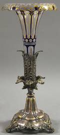 Bohemian Giltdecorated Cased Cut Cobalttowhitetoclear Glass Trumpet Vase in a Silverplated Holder