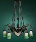 Muller Fres Wrought Iron and Frosted Art Glass Fivelight Chandelier
