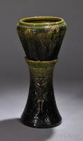 Roseville Pottery Green Majolica Glazed Mostique Pattern Jardiniere on Pedestal