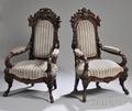 Pair of Victorian Renaissance Revival Upholstered Carved Walnut Parlor Armchairs