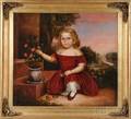 American School 19th Century Portrait of a Little Girl in a Portico Beside an Urn of Roses with Distant Landscape